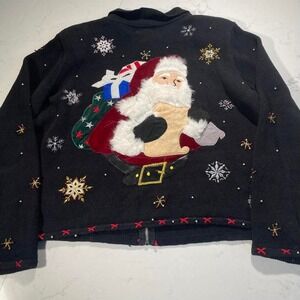 Santa Christmas Sweater Women's L Black Zip Cardigan back design‎